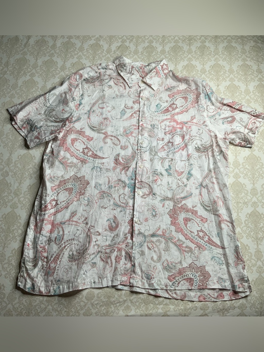 Men's Tasso Elba 100% Linen Short Sleeve Button Down Shirt White Paisley